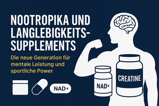 Grafik über Nootropika und Langlebigkeits-Supplements mit muskulärer Silhouette, Gehirn-Symbol und Creatin- sowie NAD⁺-Dose – mentale und körperliche Leistungssteigerung im Fokus.