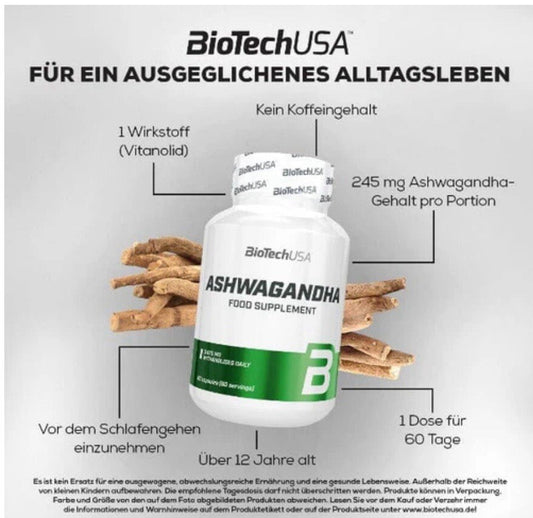 BioTechUSA - Ashwagandha - 60 Kapseln - Pflanzenextrakt NirooX Nutrition.