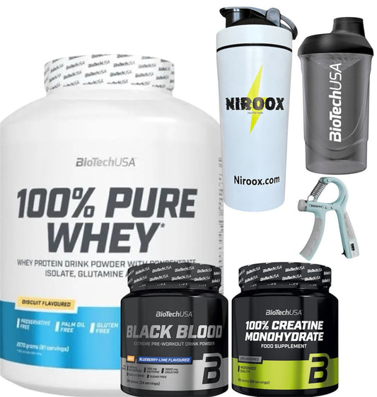 Biotech USA 100% Pure Whey 2270g + Creatine 300 gr + Pre-Workout NoX 340g +Bonus
